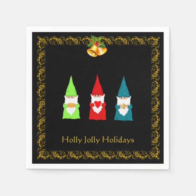 Serviette En Papier Trois gnomes de Noël sur fond noir (Devant)