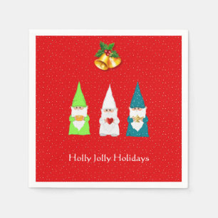 Serviette En Papier Trois lutins de Noël sur fond rouge