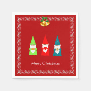 Serviette En Papier Trois lutins de Noël sur fond rouge