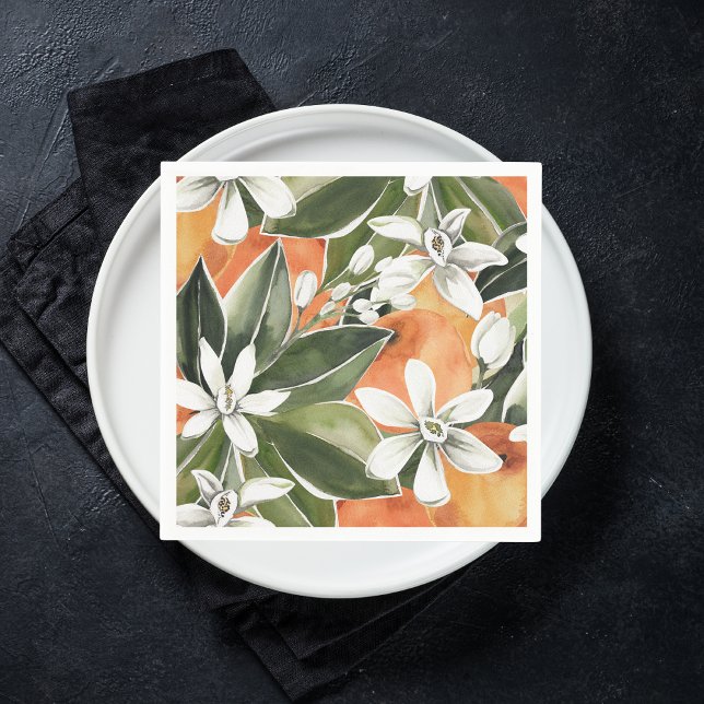 Serviette En Papier Tropcal Orange & Flowers Watercolor Pattern (Créateur téléchargé)