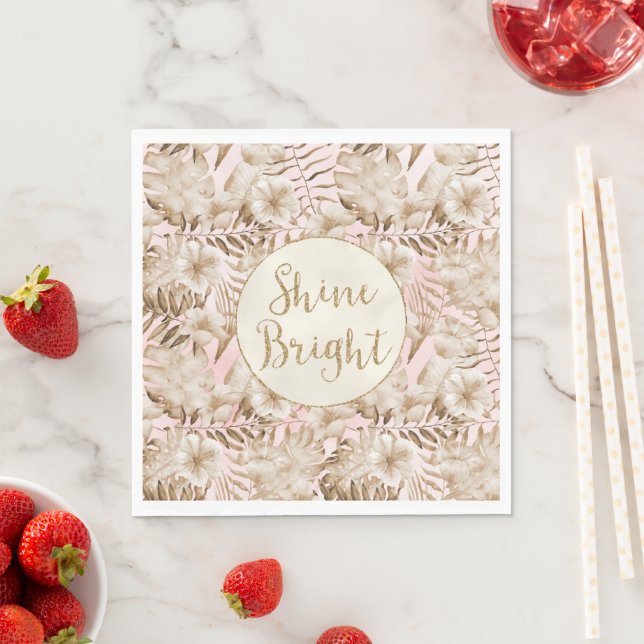 Serviette En Papier Tropical Feuille Cream Blush Gold Parties scintill (En situation)