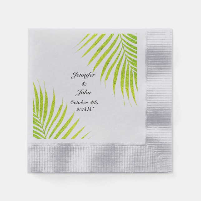 Serviette En Papier Tropical Palm Mariages Glittery Green Gold Silver (Devant)