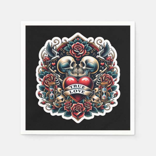 Serviette En Papier True Love Skeleton Heart Tattoo Mariage (Devant)