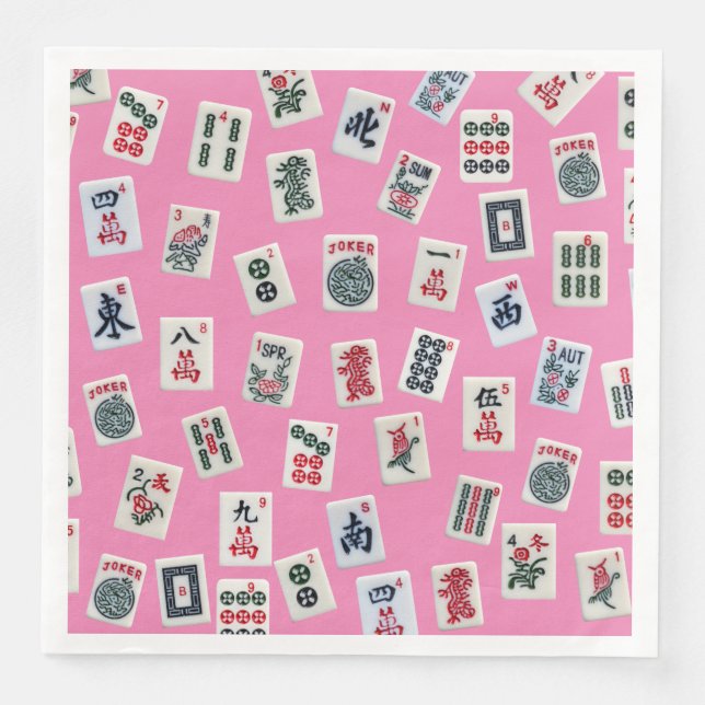 Serviette En Papier tuiles de MahJong symboles sur fond rose (Devant)