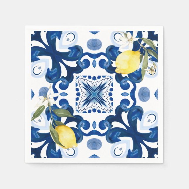 Serviette En Papier tuiles siciliennes, majolica, citron, (Devant)
