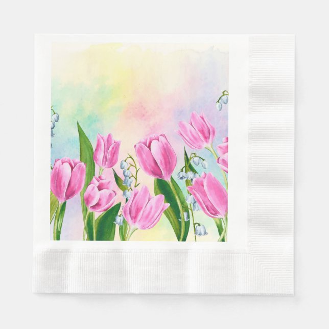 Serviette En Papier Tulipes de ressort d'aquarelle (Devant)