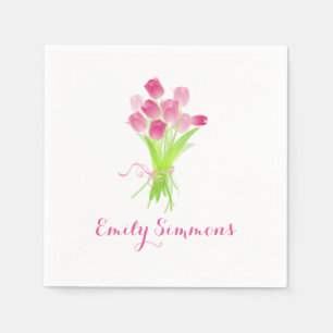 Serviette En Papier Tulipes roses et nom - Cocktail Napkin