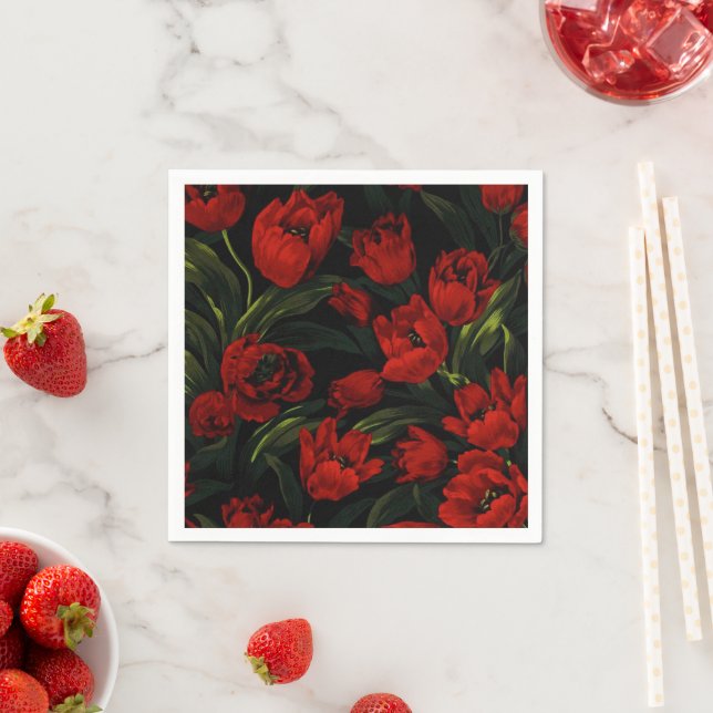 Serviette En Papier Tulipes rouges en noir (En situation)