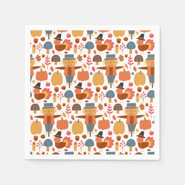 Serviette En Papier Turquie et Scarecrow Thanksgiving Motif (Devant)