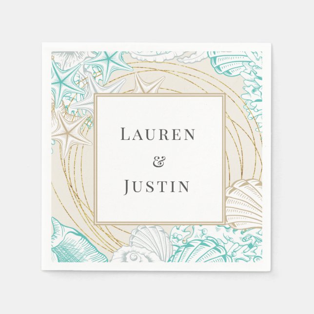 Serviette en papier turquoise à monogramme côtier  (Devant)