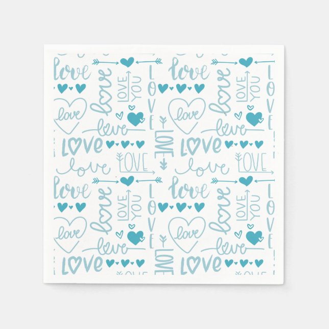 Serviette En Papier Turquoise Amusement et Amour Moderne et Coeurs (Devant)