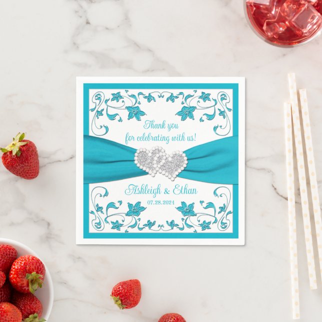 Serviette En Papier Turquoise, Blanc, Silver Love Hearts Mariage (En situation)