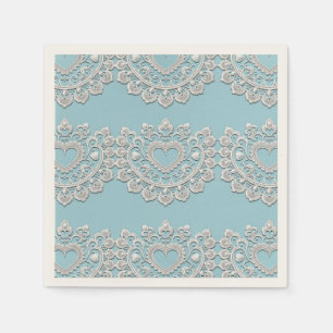 Serviette En Papier Turquoise Bleu Blanc Dentelle Cœur Mariage Nuptial