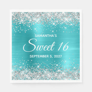 Serviette En Papier Turquoise Bleu Pailleté Argent Ombré Feuille Sweet