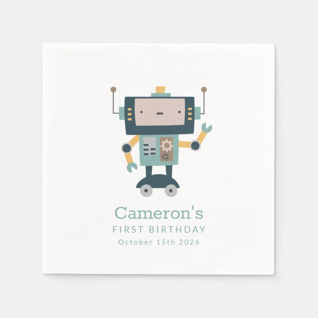 Serviette En Papier Turquoise Blue Robot Gears Simple 1er anniversaire (Devant)