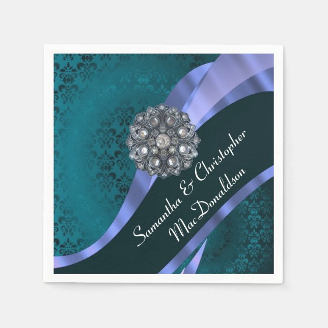 Serviette En Papier Turquoise damas et strass cristal (Devant)