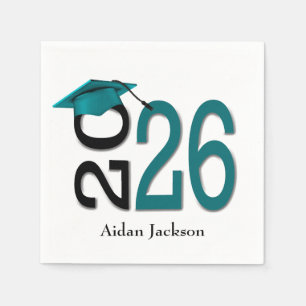 Serviette En Papier Turquoise et noir 2025 Graduation avec nom