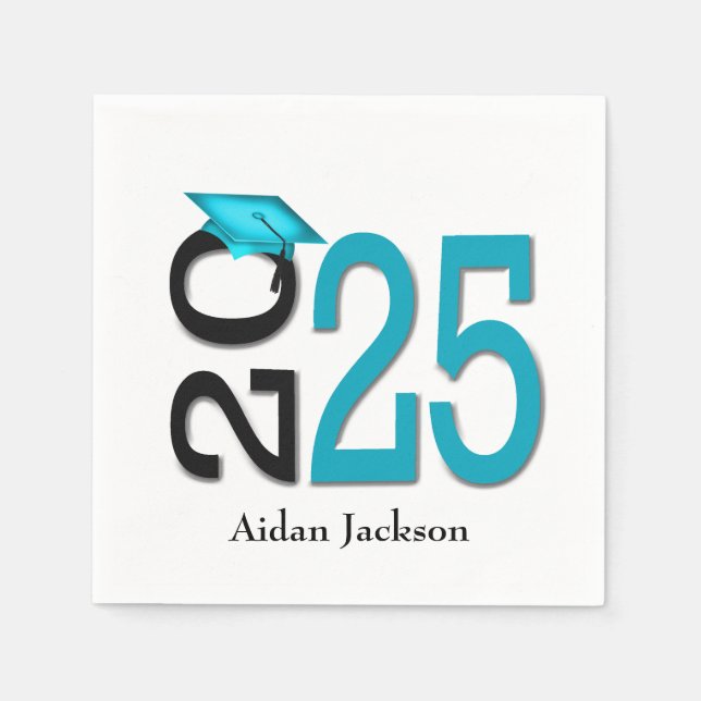 Serviette En Papier Turquoise et noir 2025 Graduation avec nom (Devant)