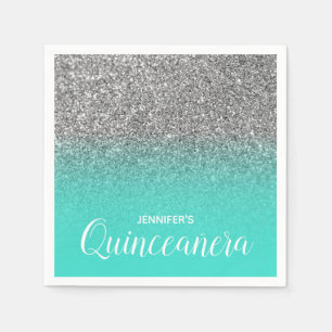 Serviette En Papier Turquoise et Paillettes Argentées Quinceanera Ombr