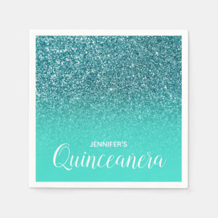 Serviette En Papier Turquoise et Paillettes de Teal Ombré Quinceanera