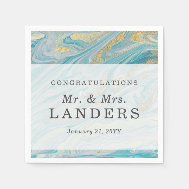 Serviette En Papier Turquoise & Gold Marble Swirl Agate Mariage de géo (Devant)