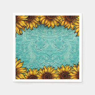 Serviette En Papier Turquoise Leather Tooled Bright Sunny Sunflowers