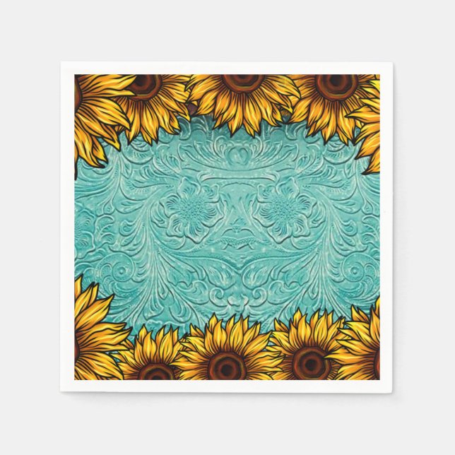 Serviette En Papier Turquoise Leather Tooled Bright Sunny Sunflowers (Devant)