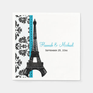 Serviette En Papier TURQUOISE Mariage Tour Eiffel Damas