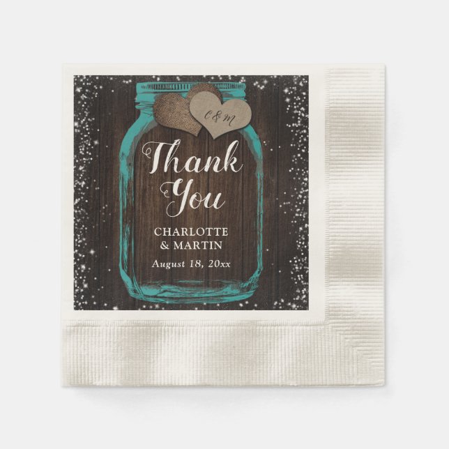 Serviette En Papier Turquoise Mason Jar Merci rustique  Mariage (Devant)