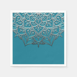 Serviette En Papier Turquoise & Silver Mandala Elegant Minimal Mariage
