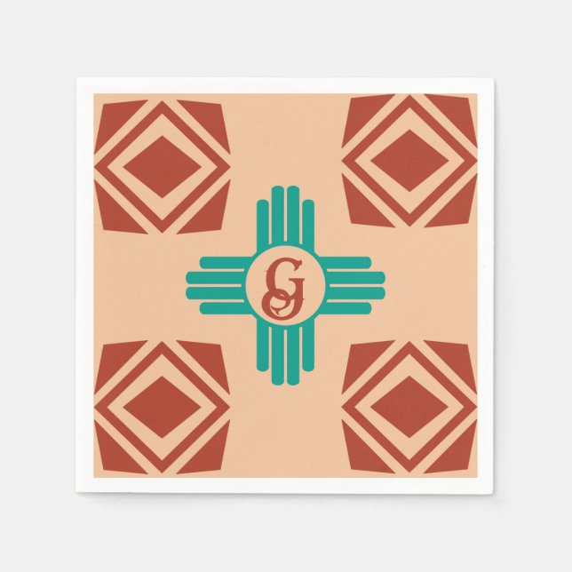 Serviette En Papier Turquoise Zia Tribal Brown Tan (Devant)