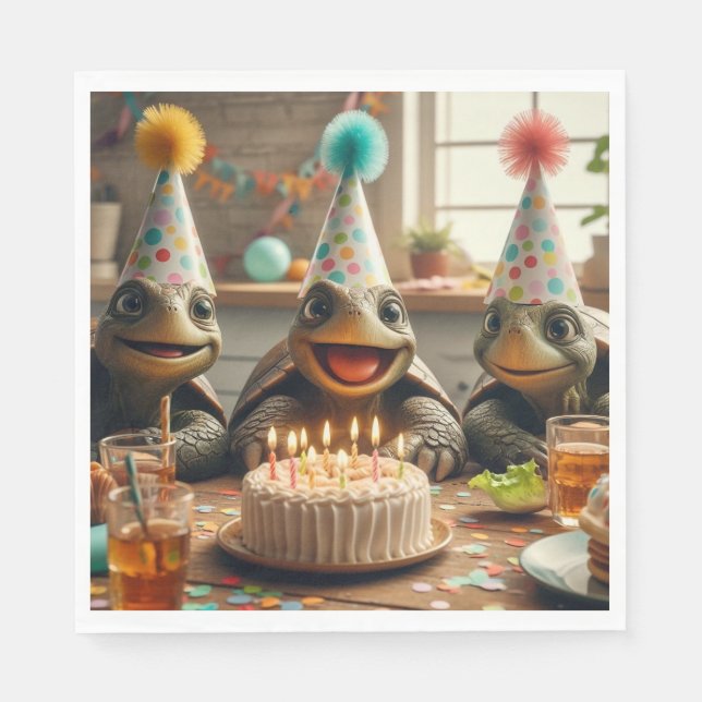 Serviette En Papier Turtles celebrating birthday with cake and hats  (Devant)