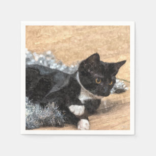 Serviette En Papier Tuxedo Kitten Tinsel et lumières peint