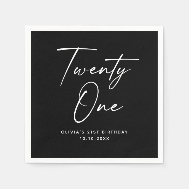 Serviette En Papier Twenty One 21st Birthday | Elegant Black Modern (Devant)