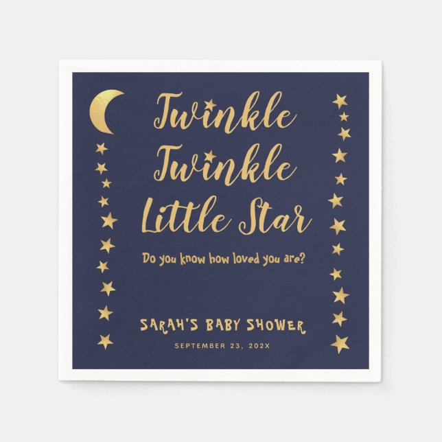 Serviette En Papier Twinkle Little Star Marine Baby shower bleu or (Devant)