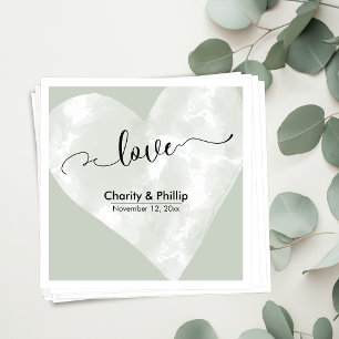 Serviette En Papier Typographie "Amour" avec Cœur Blanc et Vert Sauge