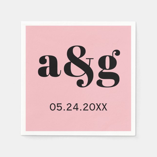 Serviette En Papier Typographie des initiales noires sur mariage rose (Devant)
