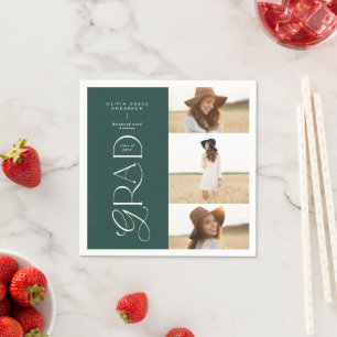 Serviette En Papier Typographie moderne multi photo diplômé vert foncé