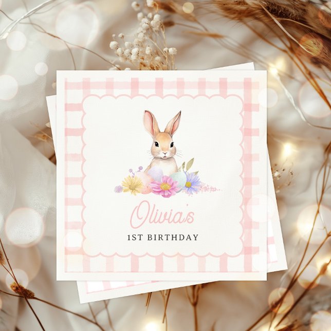 Serviette En Papier Un Bunny Pastel Printemps rose En vichy 1er Annive (Créateur téléchargé)