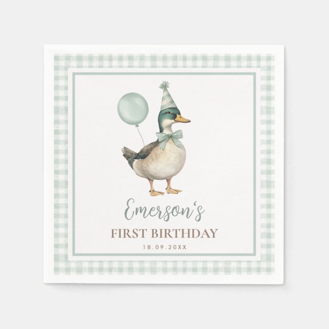 Serviette En Papier Un Chanceux Canard Sage Balloon Vert Anniversaire  (Devant)