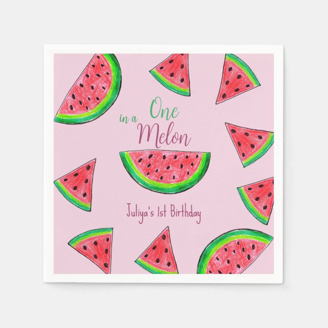Serviette En Papier Un dans un melon rose 1er anniversaire (Devant)