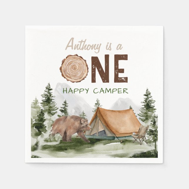 Serviette En Papier Un Joyeux Camper Mountain Forest Bear 1er annivers (Devant)