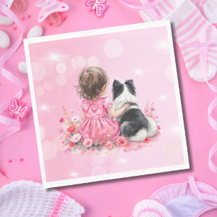 Serviette En Papier Une Fille Bébé et son Chien Fête Prénatale Mangeon