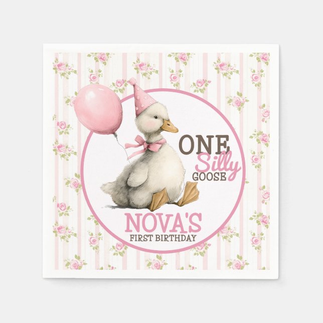 Serviette En Papier Une oie sotte personnalisée rose 1er anniversaire (Devant)
