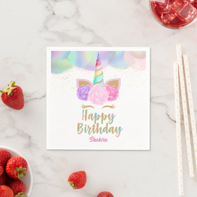 Serviette En Papier Unicorn Happy Birthday  (En situation)