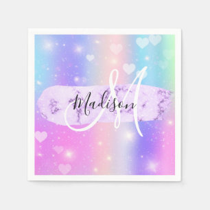 Serviette En Papier Unicorne colorée fille Coeurs arc-en-ciel Monogram