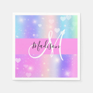 Serviette En Papier Unicorne colorée fille Coeurs arc-en-ciel Monogram