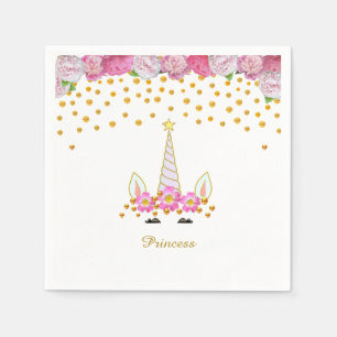 Serviette En Papier Unicorne, Fleurs Roses & Confetti Or