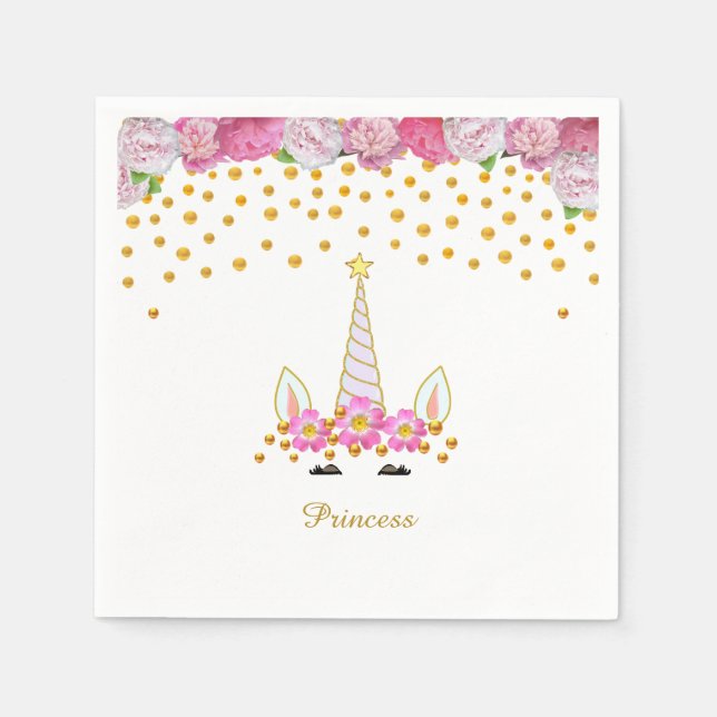 Serviette En Papier Unicorne, Fleurs Roses & Confetti Or (Devant)