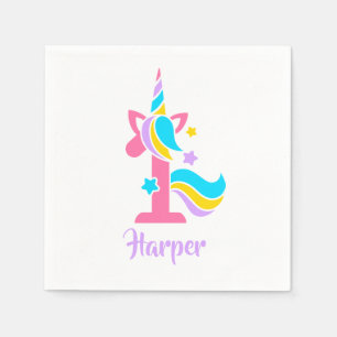 Serviette En Papier Unicorne Premier anniversaire rose et violet